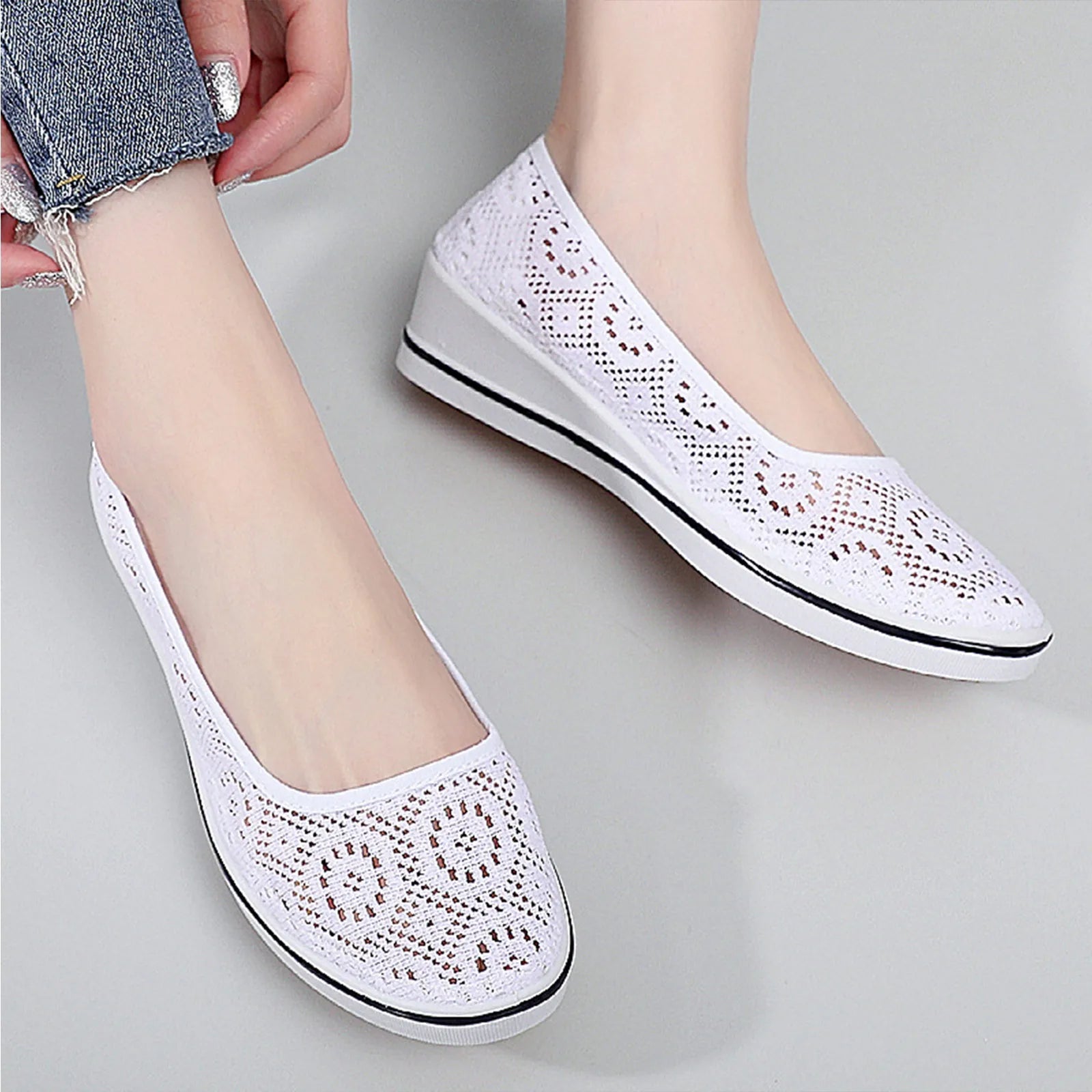 Women's Wedge Heel White Mesh Shoes Comfortable Non-slip Hollow Breathable All-match Work Beauty ShoesWhite Lace Hollow Breathab