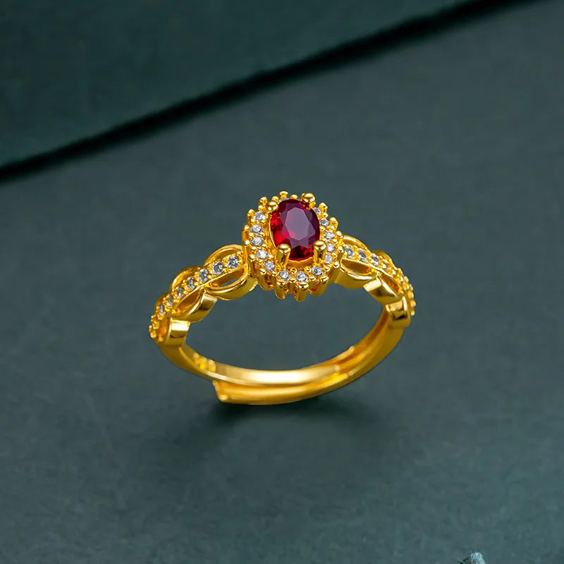 Luxury 24K 9999 Pure Gold real gold Vintage Lace Red Diamond Women's Ring Adjustable Women's Ring for Lover Gift