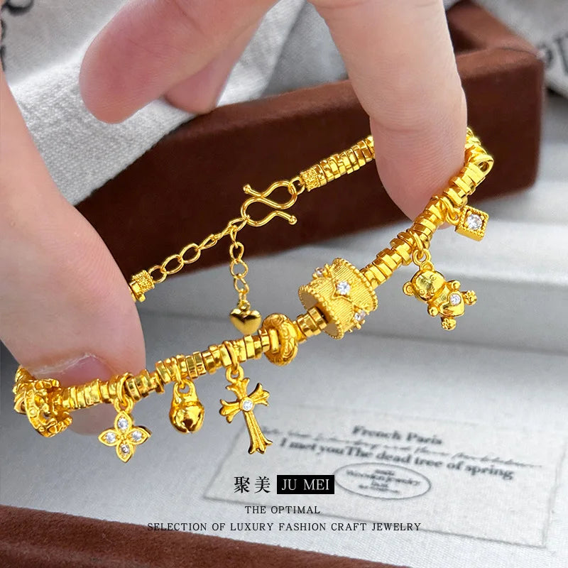 Luxury 24K 9999 Pure Gold real gold Women's Point Drill Brushed Four Mans Star Bucket Bead Bear Coil Bracelet