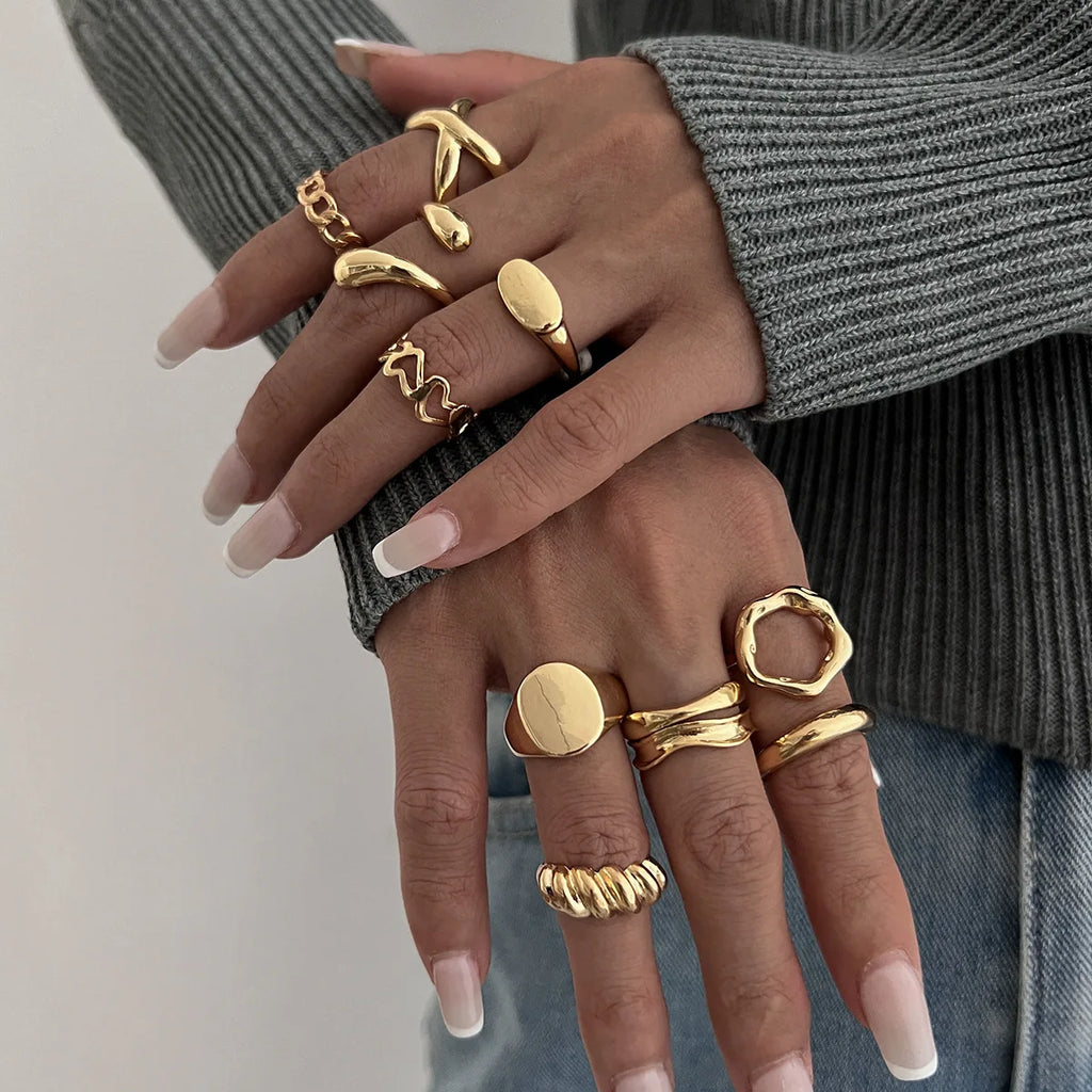 10Pcs/Set Trendy Gold Silver Color Geometric Cuff Rings Set for Women Girl Metallic Stainless Steel Minimalism Fashion Chic Ring
