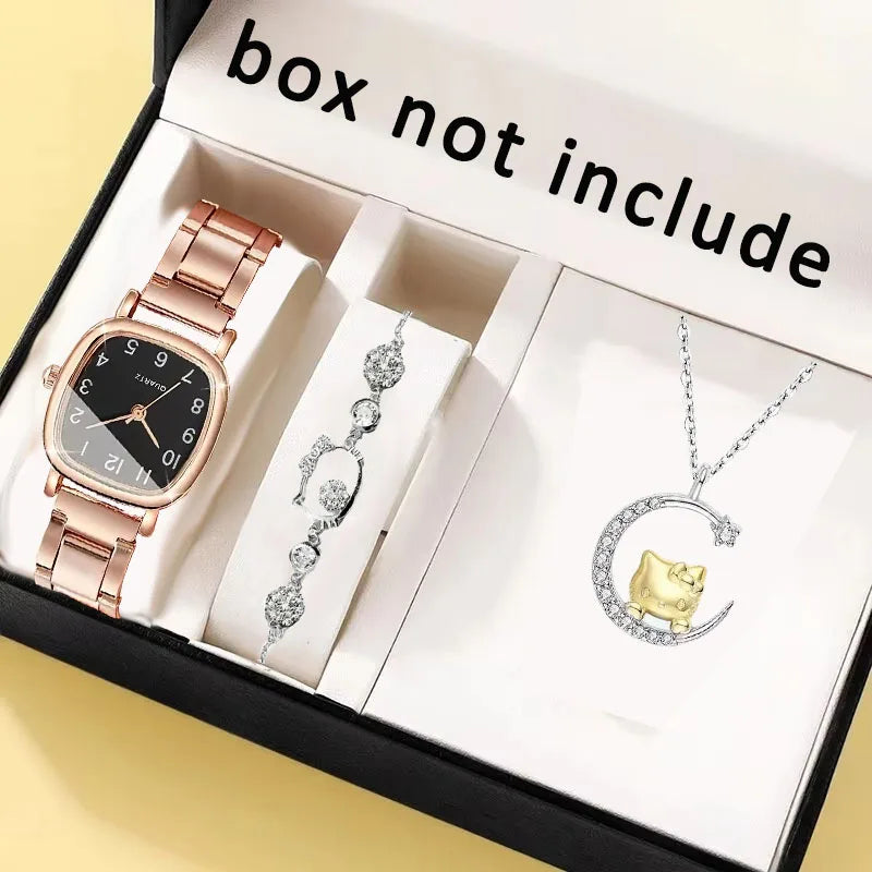3 pieces/set Women Couple Wristwatch Female Student Small Square Quartz Watch Hello Kitty necklace bracelet quartz watch Gift