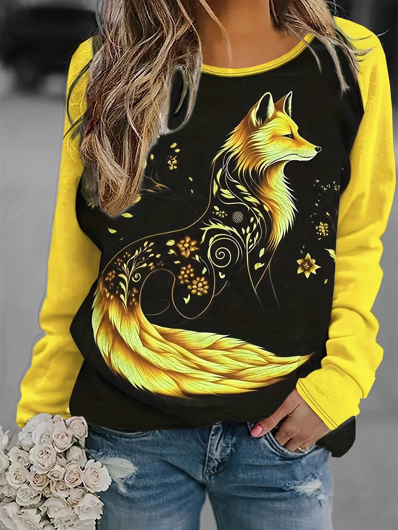 Women's 2024 sleeves stitching fox print round neck long sleeve party autumn casual pullover 3d printing casual fashion tops