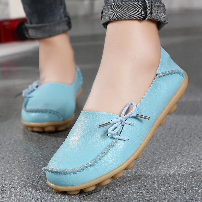 Moccasins Women Flats  Autumn New Woman Loafers Genuine Leather Female Shoes Slip on Ballet Bowtie Women's Shoes Big Size