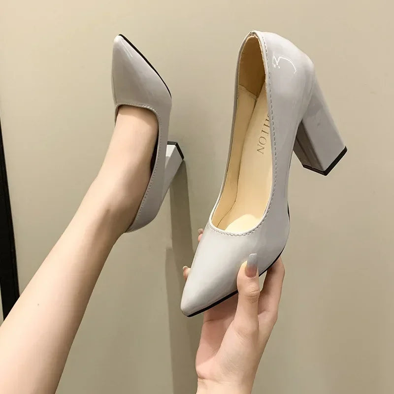 Square Heels Pumps Women Shoes Patent Leather Sexy Wedding Party Official Leisure Super Big Szie 2024