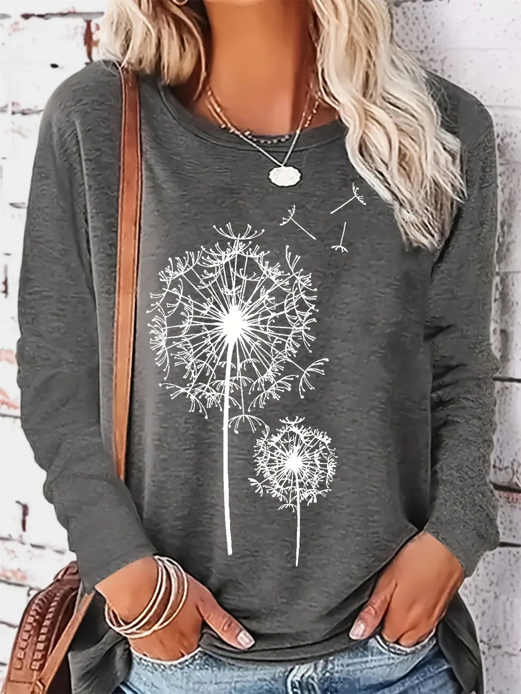 Women's Spring and Autumn 100% pure cotton fashionable casual loose dandelion pattern printed round neck long sleeved T-shirt
