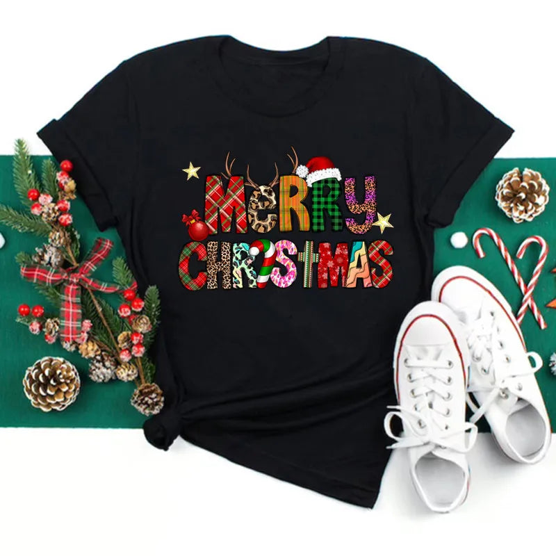 Funny Love Merry Christmas women's Clothes Santa Print Female T-shirts Black red white Casual Women Tops Xmas Party women's Tops