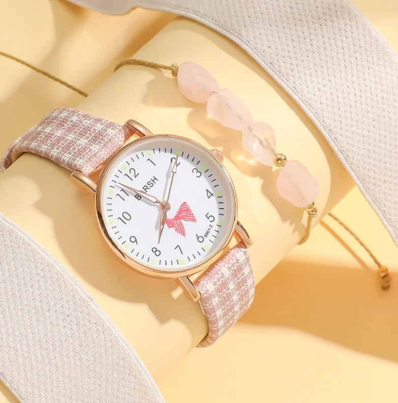 No gift box; cute pink girl's watch and bracelet set; suitable for festivals and birthdays as a gift.
