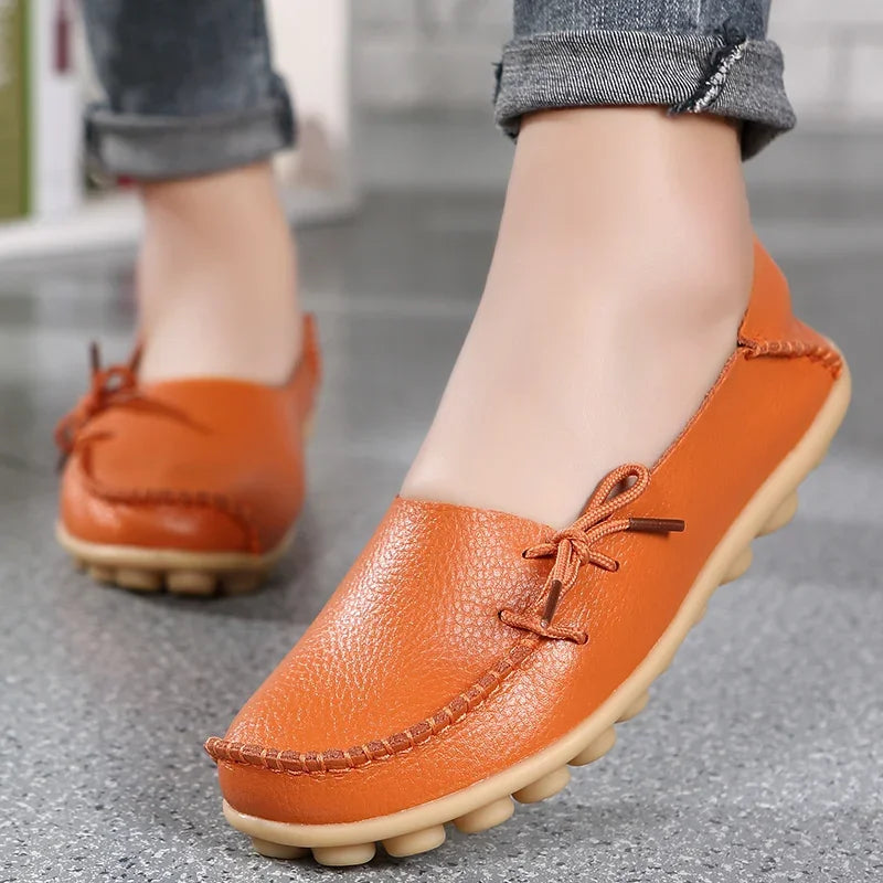 Moccasins Women Flats  Autumn New Woman Loafers Genuine Leather Female Shoes Slip on Ballet Bowtie Women's Shoes Big Size