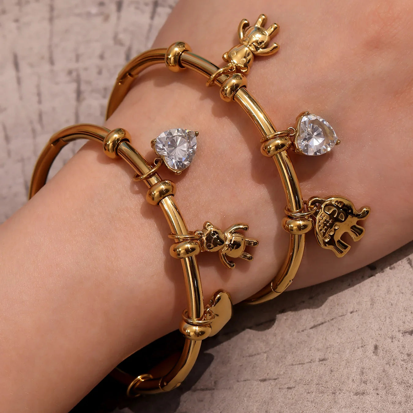 Nivora Stainless Steel Little Bear Heart Zircon Elephant Drop Pendant Bangles For Women Wrist Wedding Fashion Bracelets Jewelry