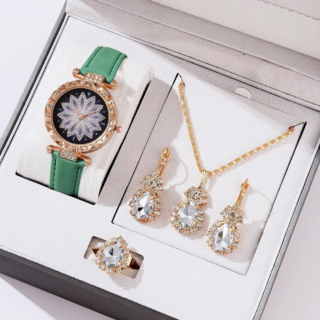 5/6PCS Set Rose Gold Luxury Watch Women Ring Necklace Earring Rhinestone Fashion Wristwatch Casual Ladies Bracelet( No Box)