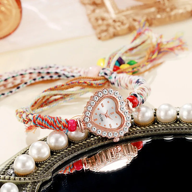 Fashion Braided Rope Strap Women Wristwatch Luxury Rhinestone Heart Dial Ladies Quartz Watches Reloj Mujer