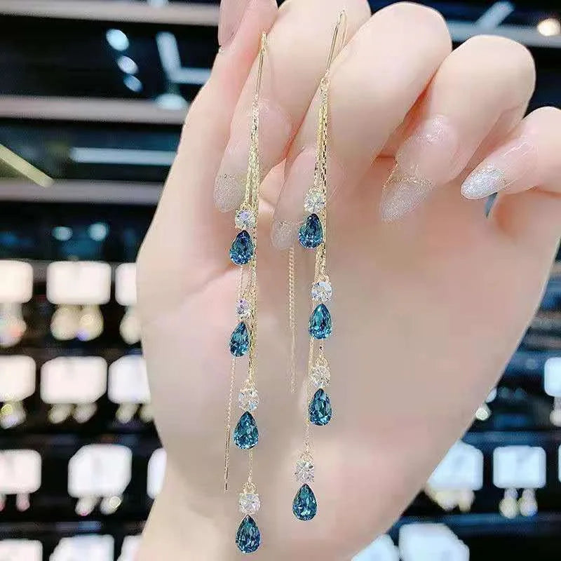 Luxury Temperament Green Zircon Drop Earrings For Women Korean Fashion Long Tassel Rhinestone Earring Wedding Party Jewelry