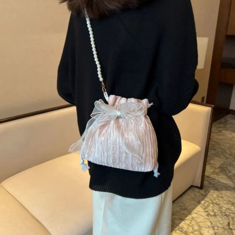 Lace Bow Bucket Crossbody Bags for Women Fashion Sweet Pearl Beading Pouch Ins Ladies Shoulder Handbags All-match Fairy Simple
