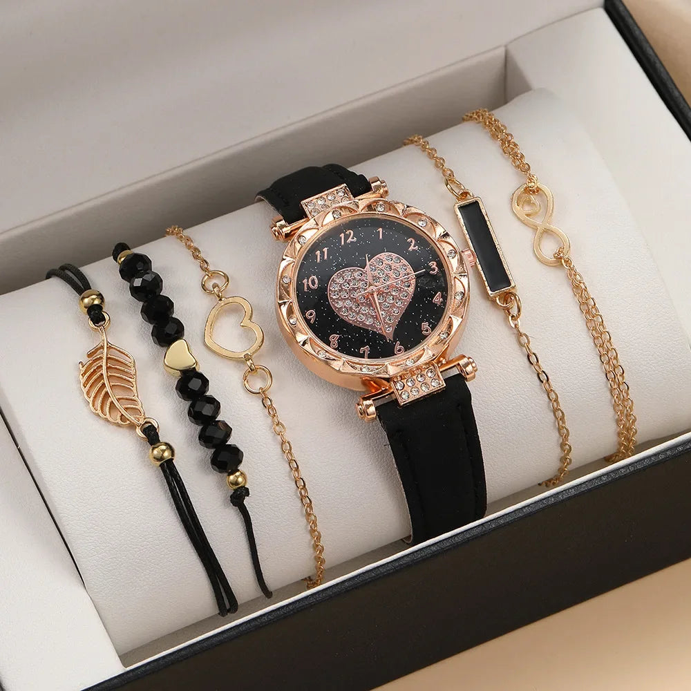 5/6PCS Set Rose Gold Luxury Watch Women Ring Necklace Earring Rhinestone Fashion Wristwatch Casual Ladies Bracelet( No Box)
