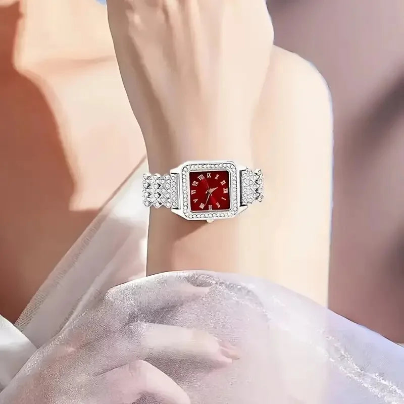 5Pcs/Fashion Roman Full Diamond Square Ladies Watch Women's Quartz Watch + Necklace, Earrings, Rings Jewelry Set