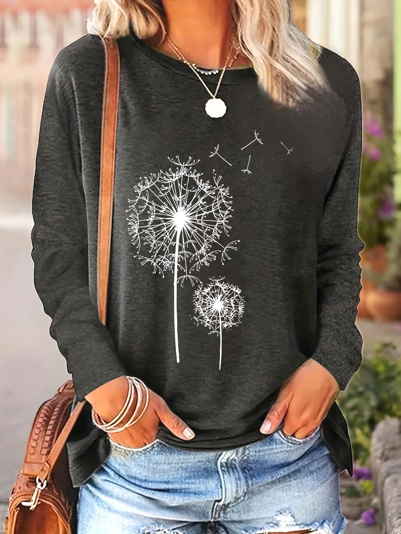 Women's Spring and Autumn 100% pure cotton fashionable casual loose dandelion pattern printed round neck long sleeved T-shirt