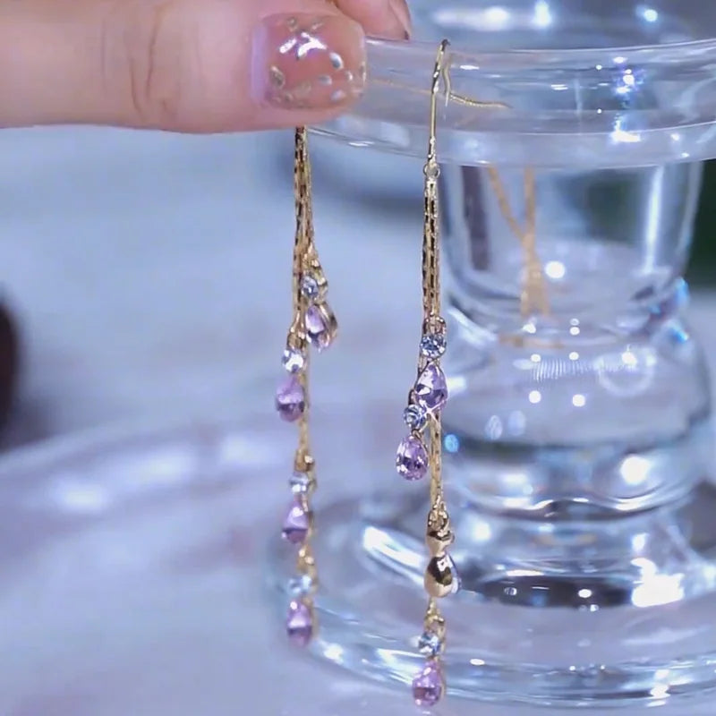 Luxury Temperament Green Zircon Drop Earrings For Women Korean Fashion Long Tassel Rhinestone Earring Wedding Party Jewelry