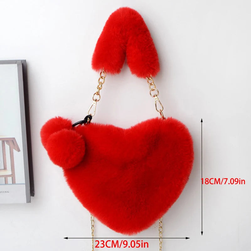 Trendy Ladies Plush Love Heart Shaped New Fashionable Solid Color Soft Comfortable Purses Popular Women Hand Bags