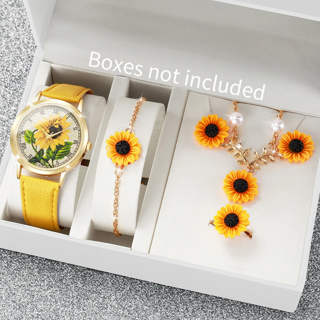2/6PCS Fashion Flower Dial Women Watches Leather Strap Quartz Watch Daisy Jewelry Set Reloj Mujer (Without Box)