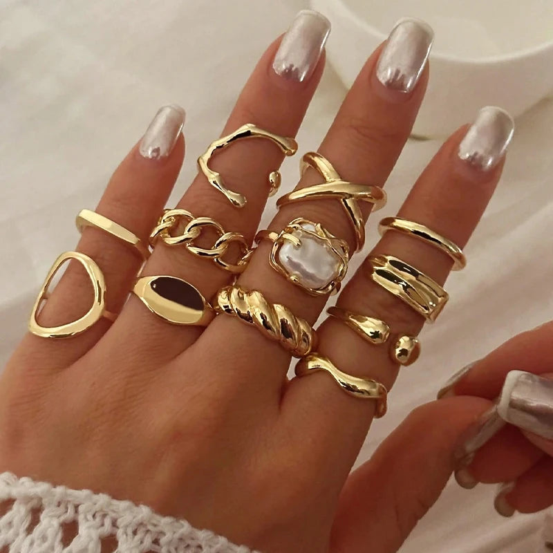 12 Pcs/Set Fashion Gold Color Irregular Geometric Open Rings For Women Men Punk Metal Adjustable Knuckle Joint Ring Jewelry Gift