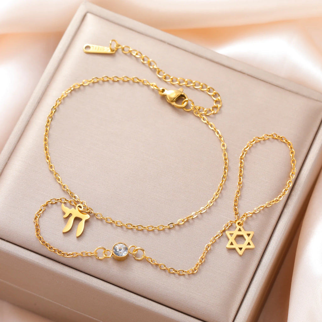 Skyrim Star of David Chai Clear Zircon Finger Bracelet Women Stainless Steel Gold Color Bracelets Amulet Jewish Jewelry Gift
