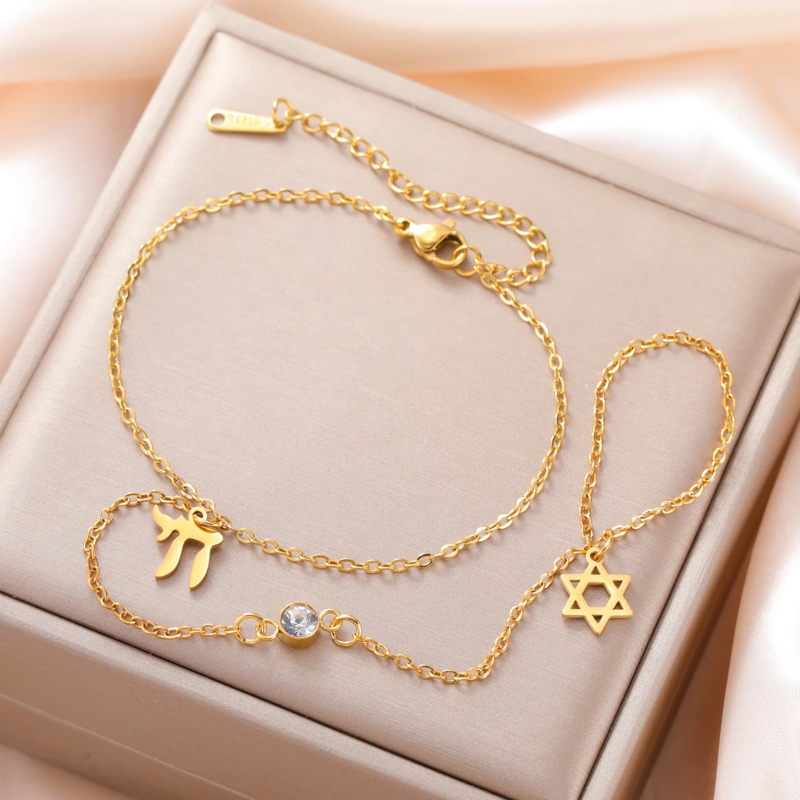 Skyrim Star of David Chai Clear Zircon Finger Bracelet Women Stainless Steel Gold Color Bracelets Amulet Jewish Jewelry Gift