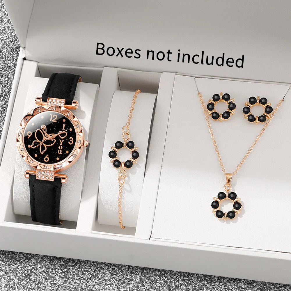 Women's watch with minimalist elements dialing quartz watch latex belt jewelry set for girls' gift