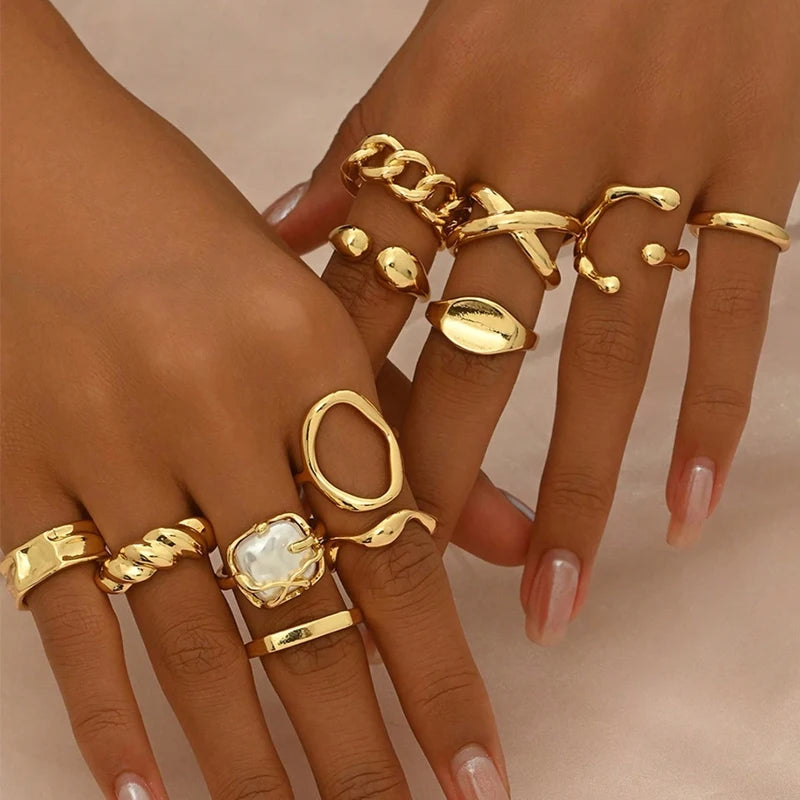 12 Pcs/Set Fashion Gold Color Irregular Geometric Open Rings For Women Men Punk Metal Adjustable Knuckle Joint Ring Jewelry Gift