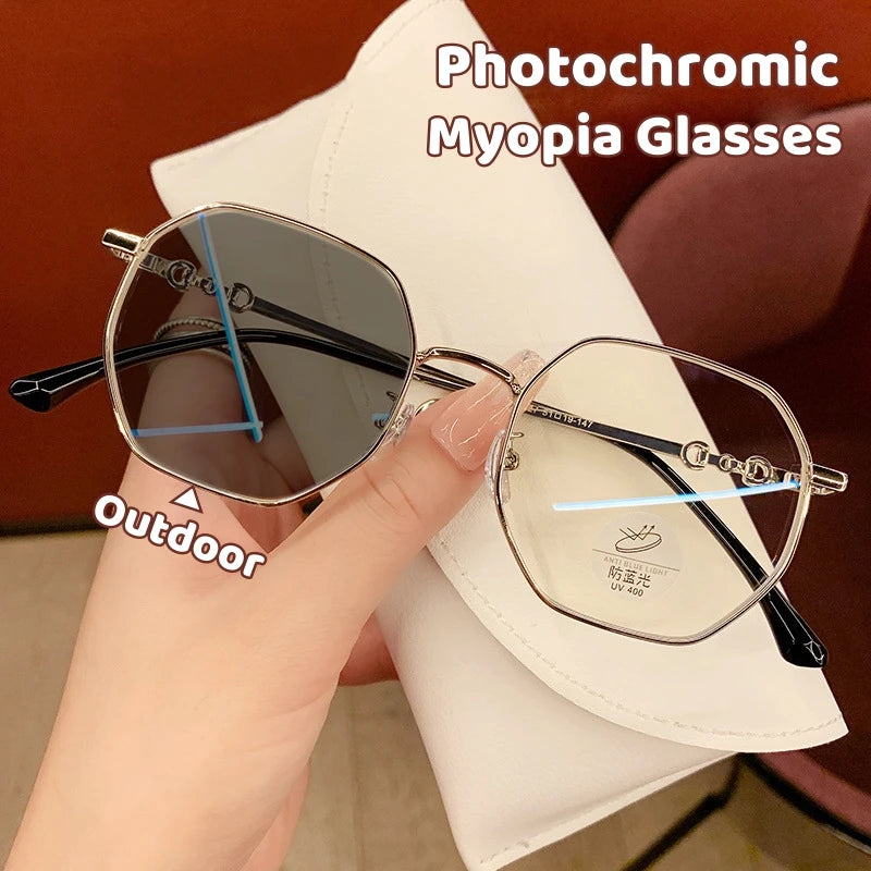 New Anti-blue Photochromic Myopia Finished Glasses Polygon Anti-ultraviolet Near-sight Eyeglasses Ultralight Vintage Glasses
