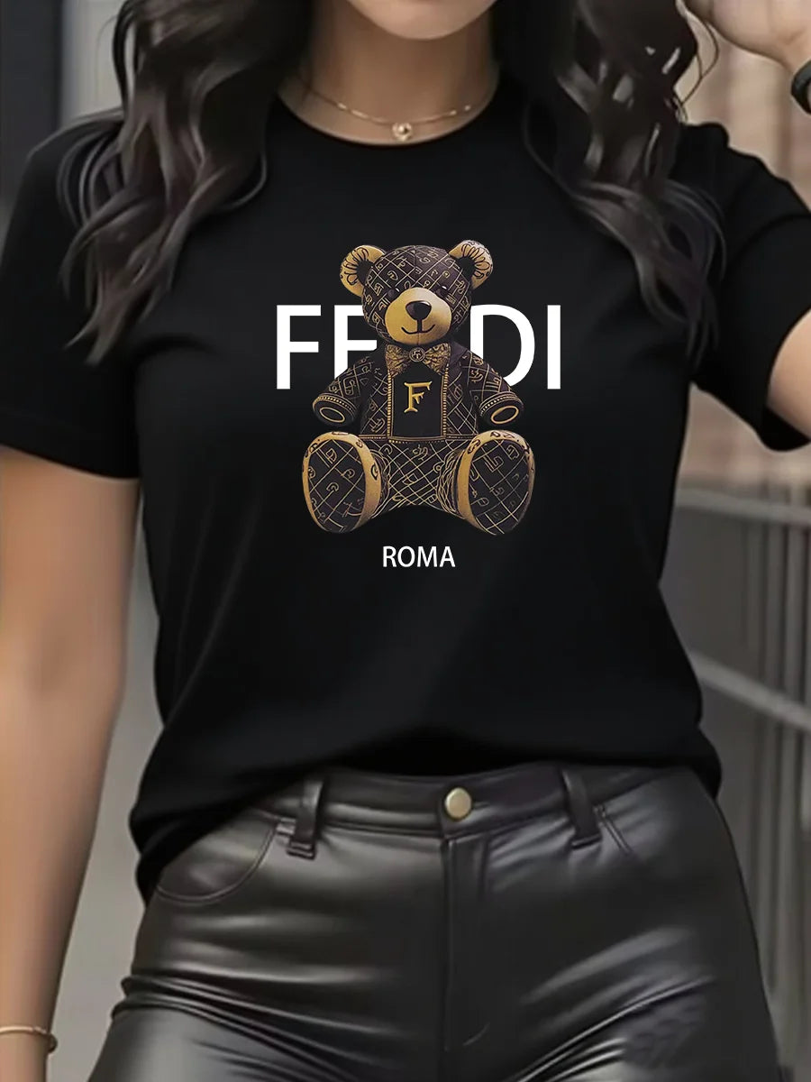 summer Graphic T-Shirt Short Sleeve Crew Neck with Soft Comfortable Spring Women's Light Blue Casual Teddy Bear