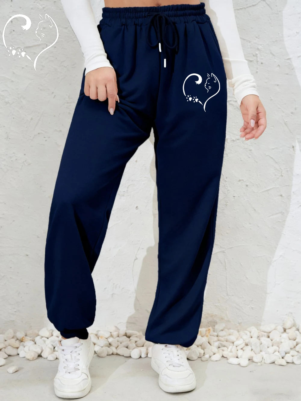 Cat Heart Prints Sweatpants Womens Autumn Winter Jogger Pants Elastic Waist Comfortable Loose Trousers Trend Womans Clothing