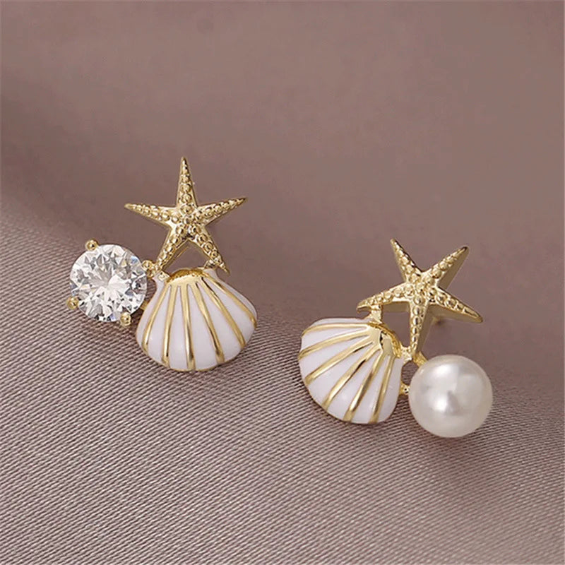 White Pink Shell Starfish Stud Earrings for Women Cute Asymmetric Imitation Pearl Rhinestones Beads Charms Small Ear Jewelry