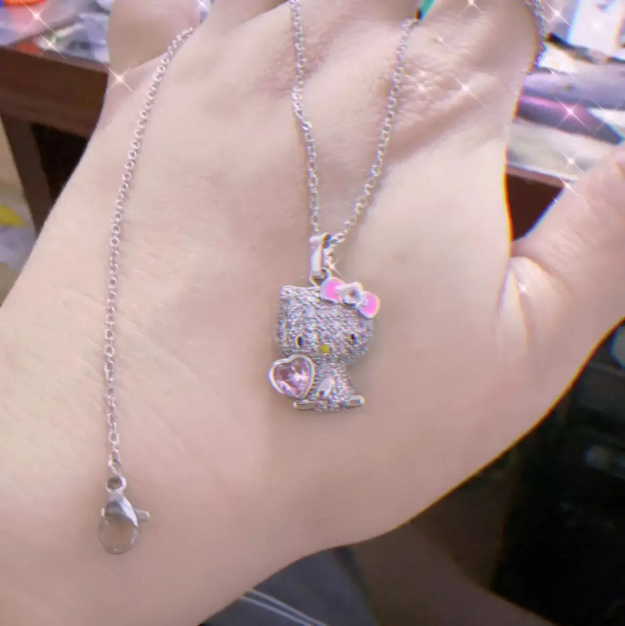 Sanrio Hello Kitty Necklace Anime Character Pink Peach Heart Crystal Cat Push-Pull Bracelet Pendant Couple Decoration Girl Gift