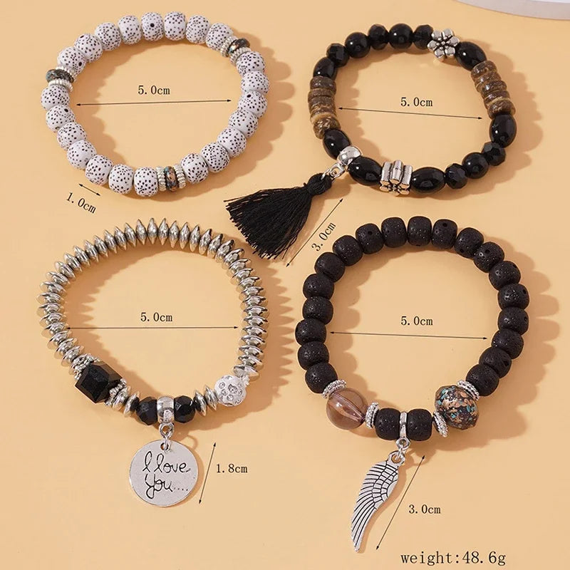 4Pcs Bohemian Beaded Bracelet Set For Women I Love You Letter Round Wing Tassel Charm Elastic Chain Bangle Girls Boho Jewelry