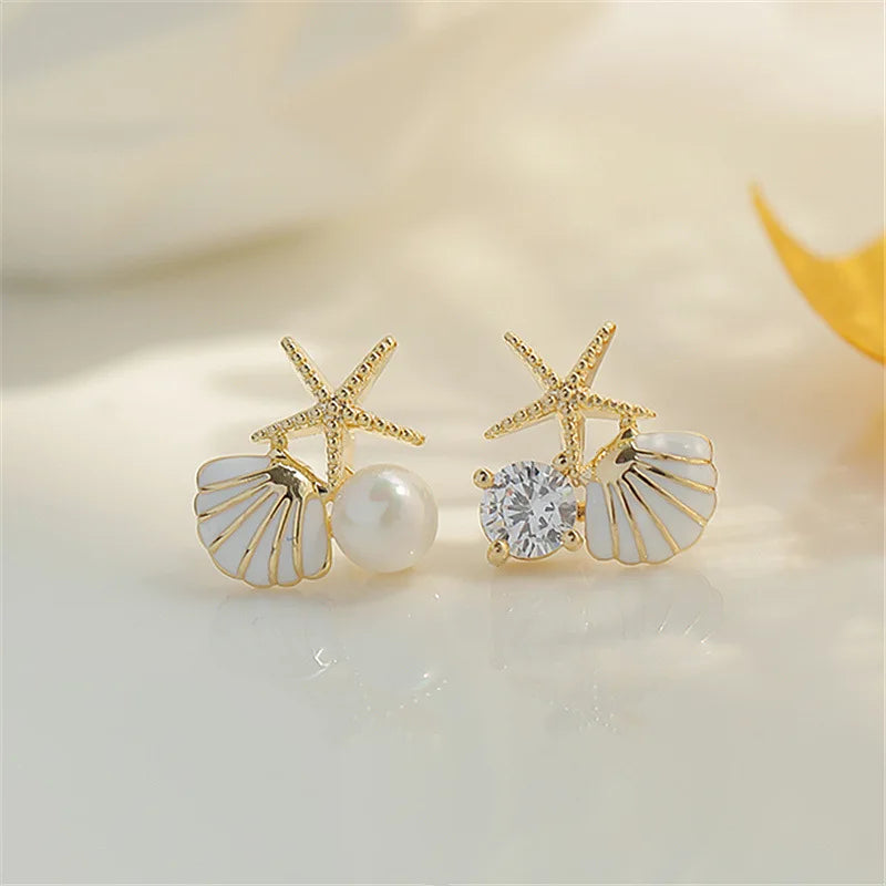 White Pink Shell Starfish Stud Earrings for Women Cute Asymmetric Imitation Pearl Rhinestones Beads Charms Small Ear Jewelry