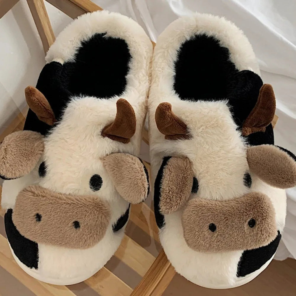 New Winter Neutral Cartoon Cow Warm Plush Slippers for Couples,Indoor Anti Slip Home Slippers for Men Women,Home Cotton Shoes