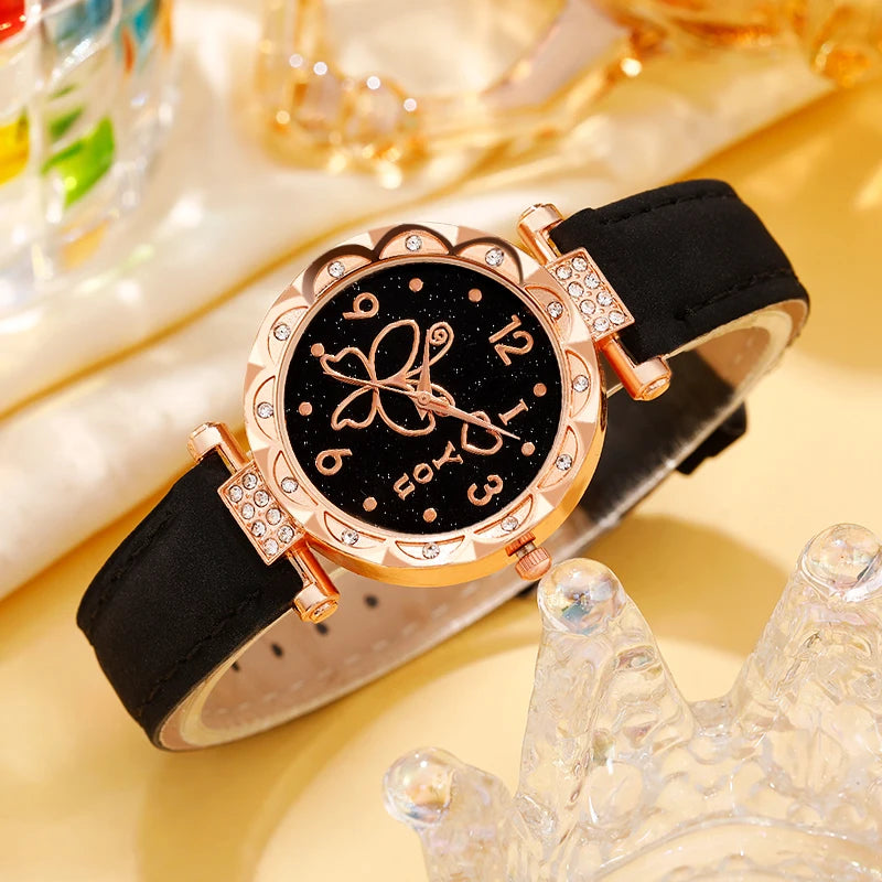 Women's watch with minimalist elements dialing quartz watch latex belt jewelry set for girls' gift