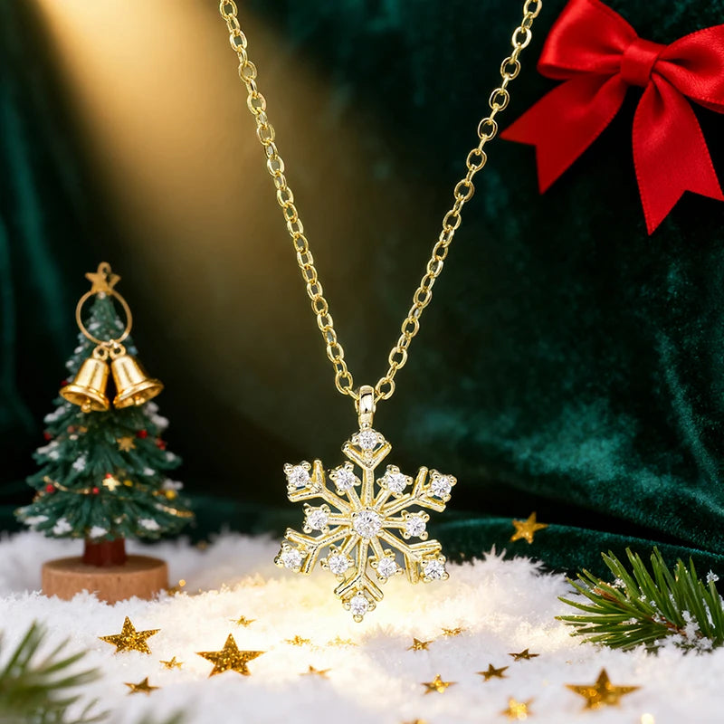 Huitan Christmas Snowflake Necklace for Women Luxury Paved Dazzling Crystal CZ Stones Fancy Winter Accessories Fashion Jewelry