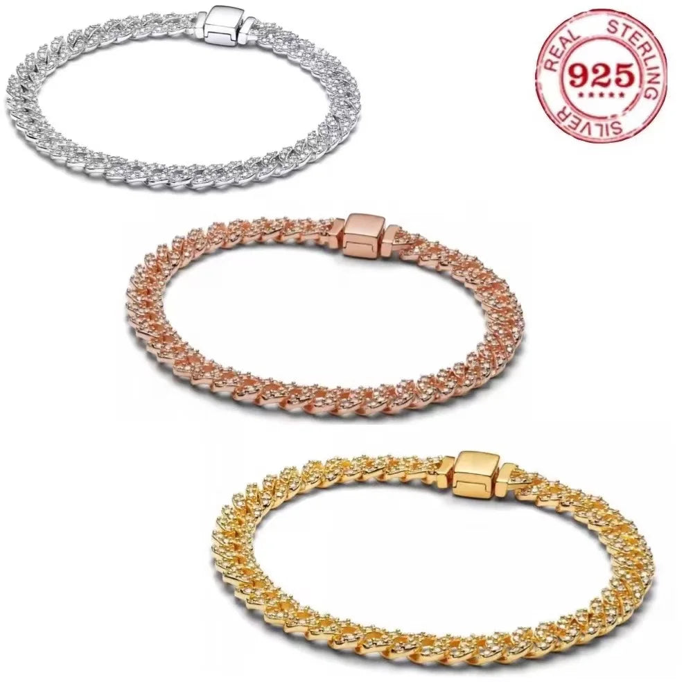 Hot 100% elegant 925 sterling silver fitted original sparkling luxury zircon chain bracelet women's DIY birthday gift jewelry