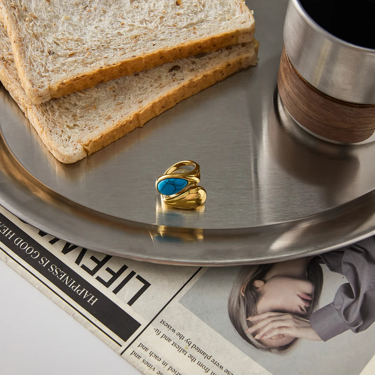 Uworld Vintage Fashion 18K Gold Color Plated Blue Turquoise Asymmetric Open Rings Waterproof Stainless Steel Women Jewelry Party