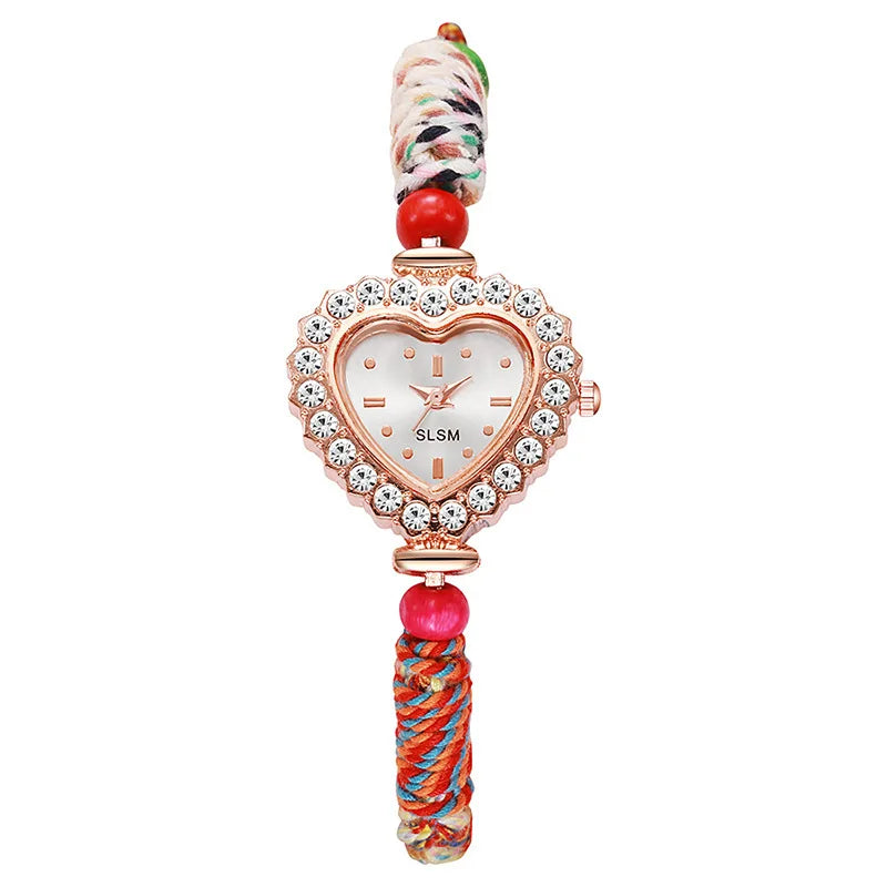 Fashion Braided Rope Strap Women Wristwatch Luxury Rhinestone Heart Dial Ladies Quartz Watches Reloj Mujer