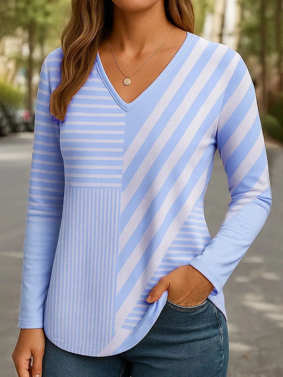 2025 Women's T-Shirt Graphic Geometric Striped Elegant Fashion Tee Long Sleeve T-shirts V-Neck Regular Tops Pullover Fall Winter