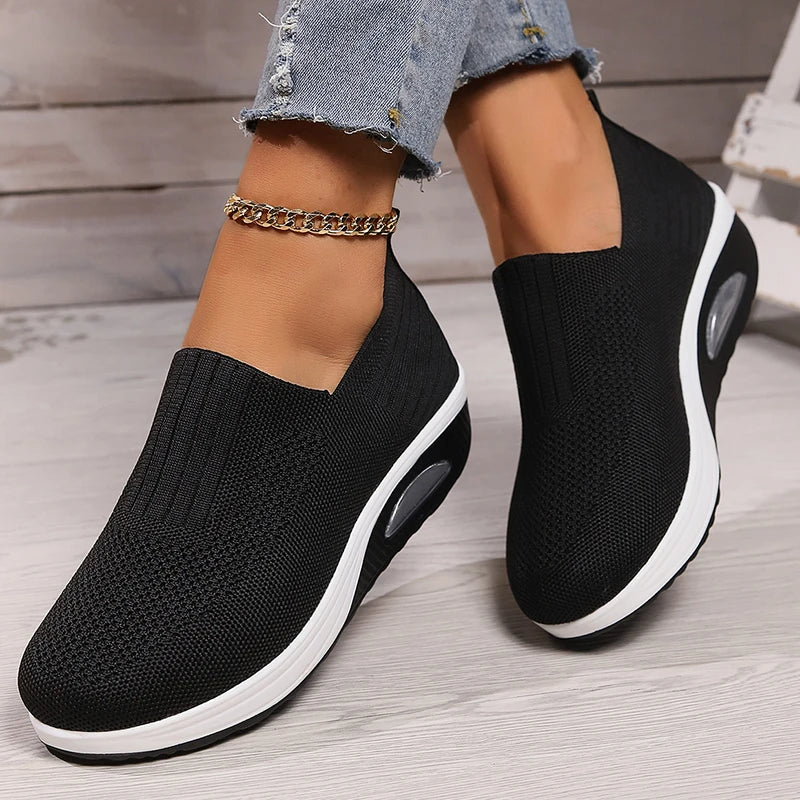 Breathable Knit Wedges Sneakers Woman Spring Autumn Slip On Platform Sport Sneakers Woman Plus Size Thick Sole Walking Shoes