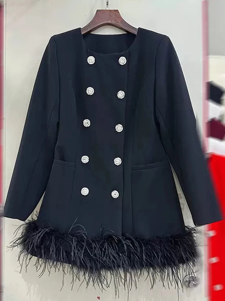 Retro round neck double-breasted square drill hem stitching ostrich hair suit dress autumn new female high-grade short dress ski