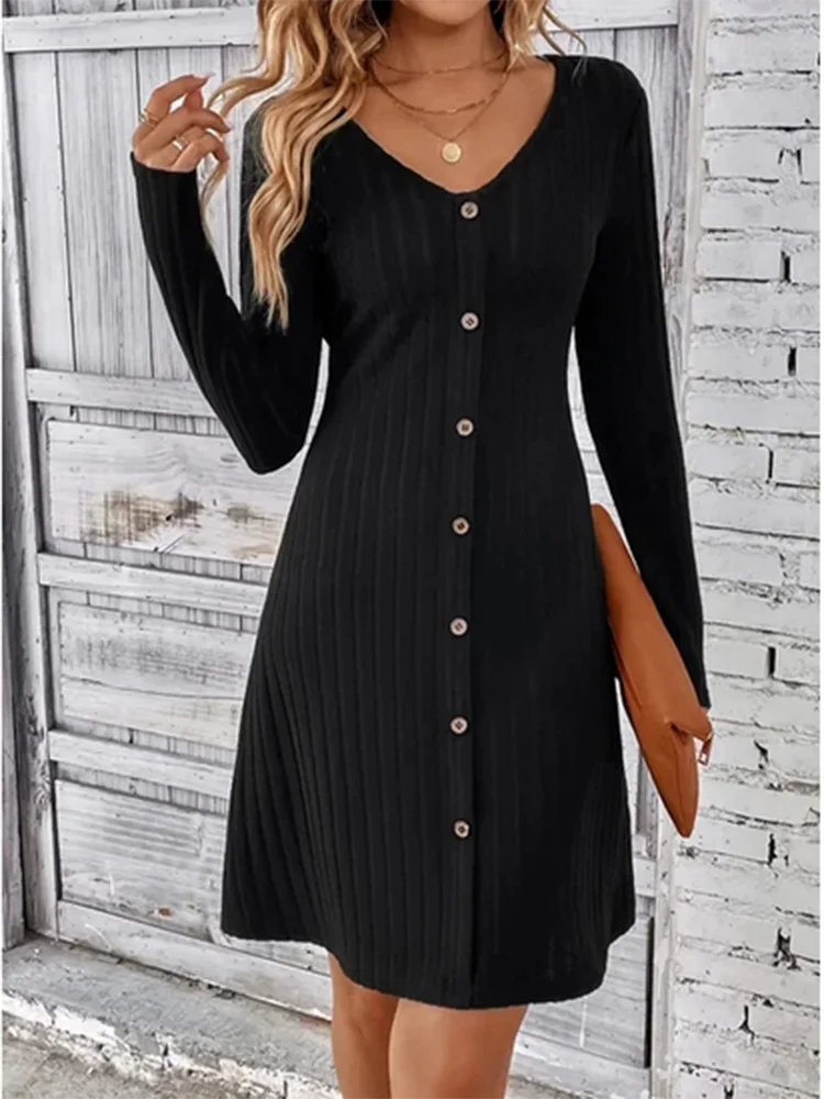 Women's V-Neck Button Dress Monochromatic A-line Casual Comfortable Spring Autumn Trend