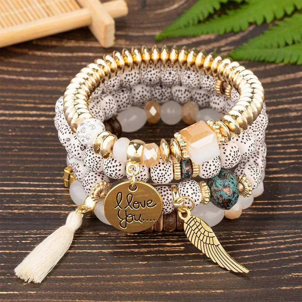 4Pcs Bohemian Beaded Bracelet Set For Women I Love You Letter Round Wing Tassel Charm Elastic Chain Bangle Girls Boho Jewelry