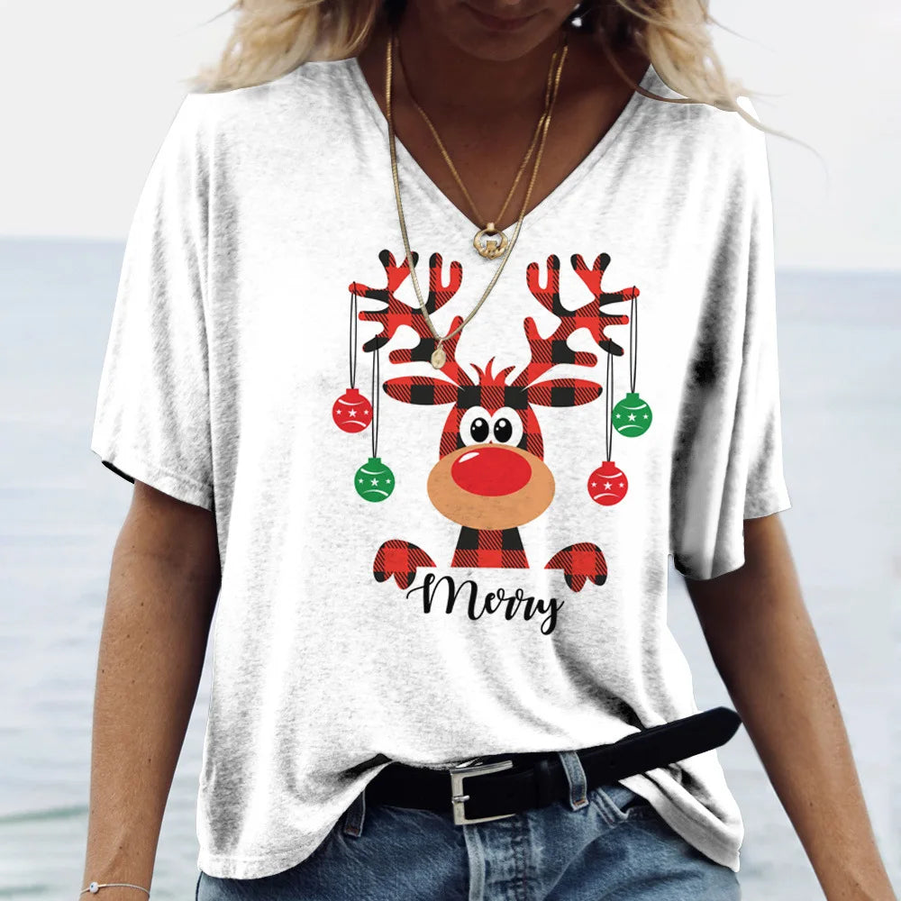 Merry Christmas Women's Short sleeved V-neck T-shirt Christmas Tree Santa Claus Letter Print Simple Trendy Trend Women Clothing