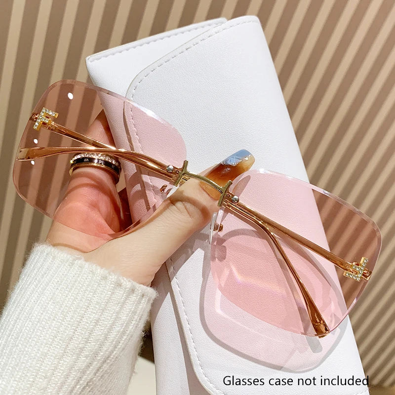 Diamond-in Sunglasses Letter F Frameless Edged Sunglasses Metal Square Large Frame Trendy Glasses Women 90267