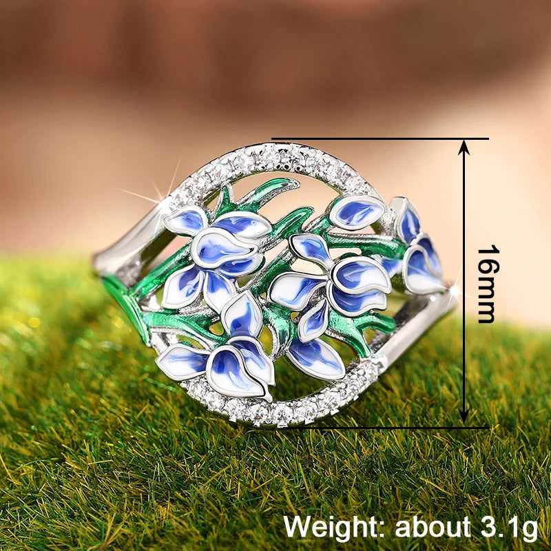 Huitan Blue and White Lily of the Valley Rings for Women Romantic Wedding Accessories Fancy Flower Rings with CZ Fashion Jewelry