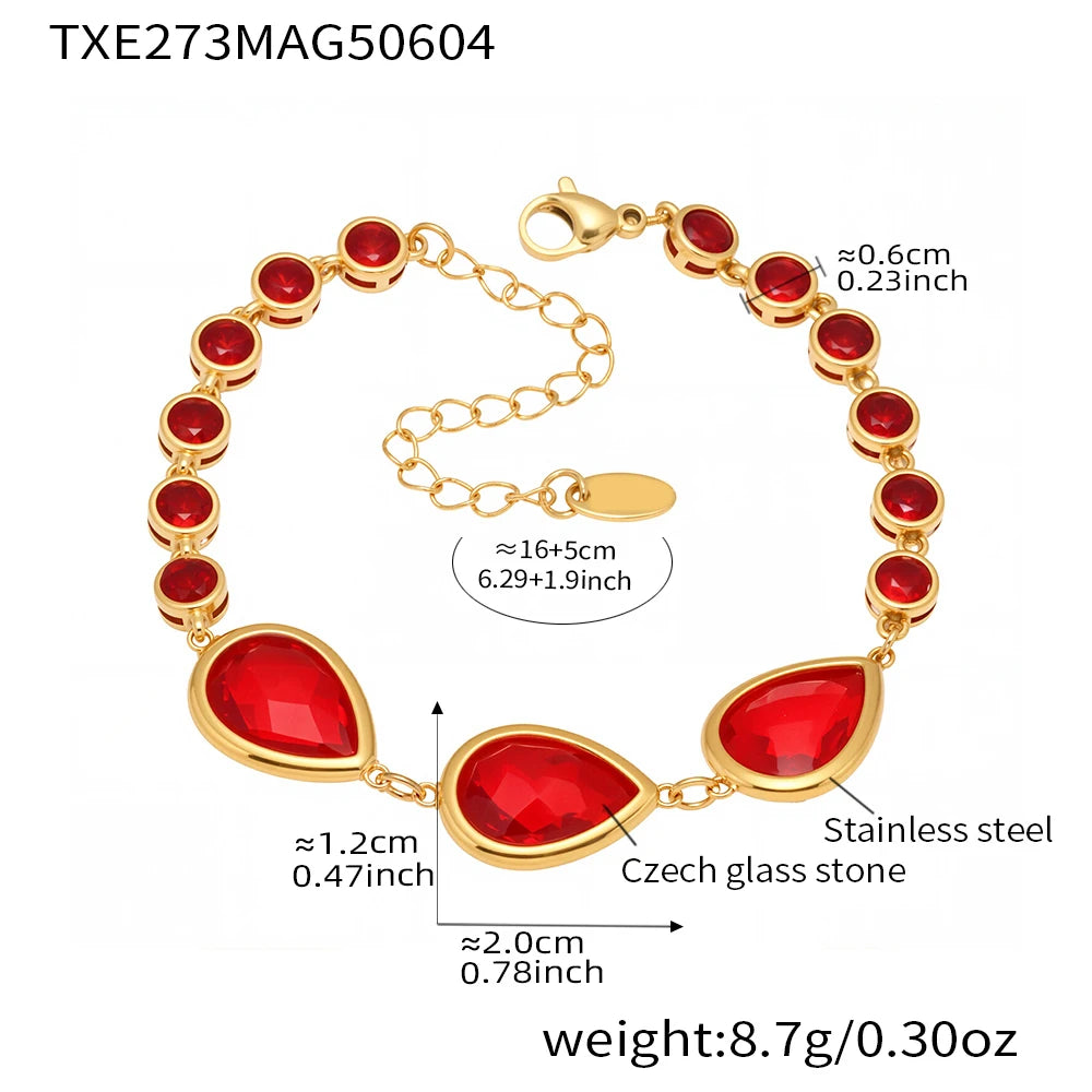 Colorful Waterdrop Stainless Steel Necklace for Women Luxury Czech Glass Gold Plated Cuff Open Bangle Charm Jewelry